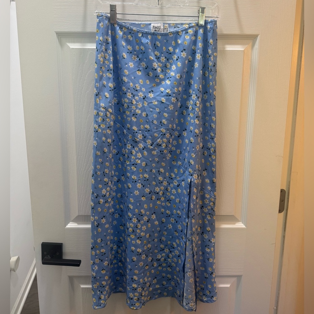 Princess Polly Blue Floral Satin Maxi Skirt with Slit, Size 6
